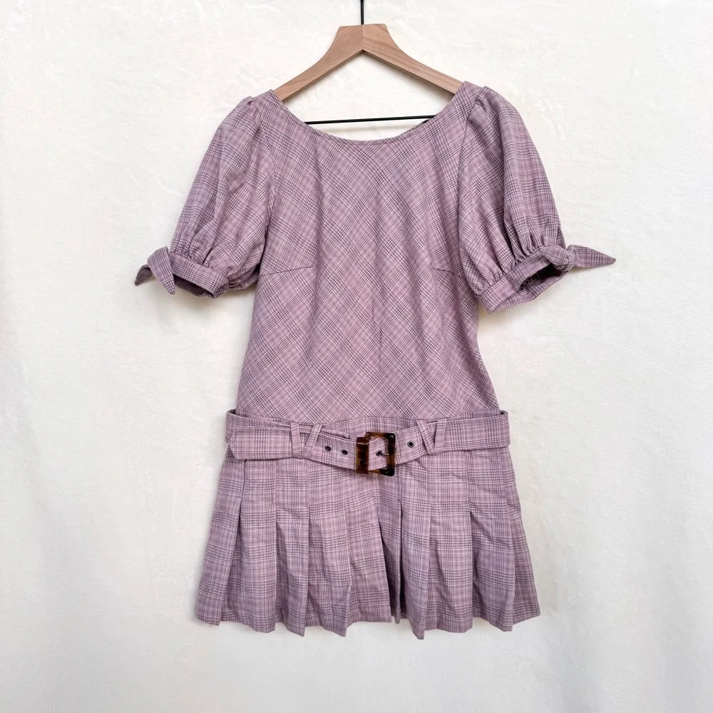 NWOT Free People Sevi Belted Plaid Pleated Mini Dress in Gray & Pink Combo